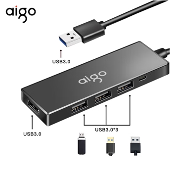 爱国者（aigo）USB3.0分线器扩展坞 4口HUB集线器拓展坞 笔记本电脑转换器转接头延长线 带Type-c供电 0.25米
